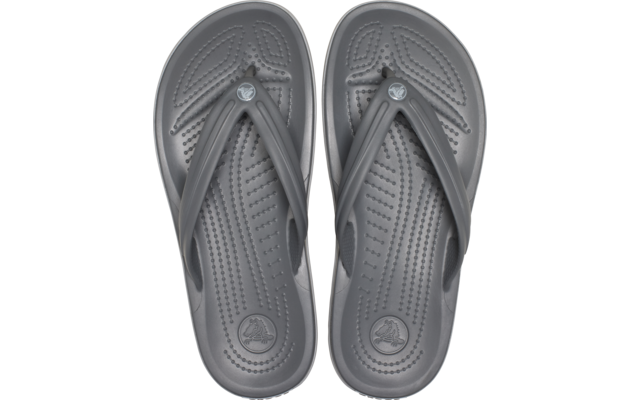 Zwei graue Flip-Flops nebeneinander, Draufsicht, strukturierte Fußbetten und Y-förmige Riemen