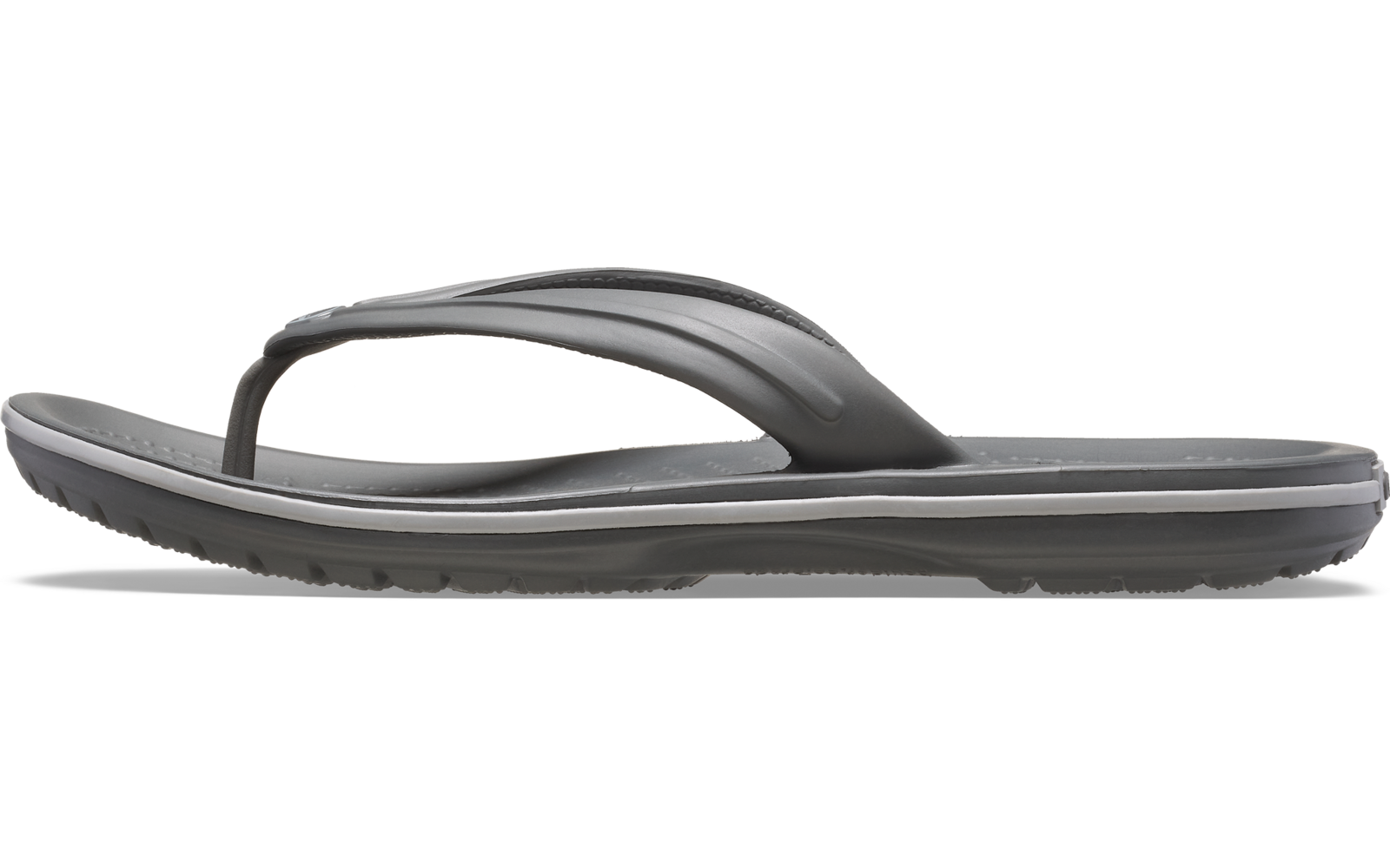 Graue Flip‑Flop‑Zehensandale, Seitenansicht auf weißem Hintergrund
