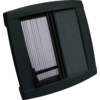 Dark gray rectangular plastic frame with two vertical inserts; left a light pleated mesh with thin vertical stripes, right a dark pleated fabric with fine texture