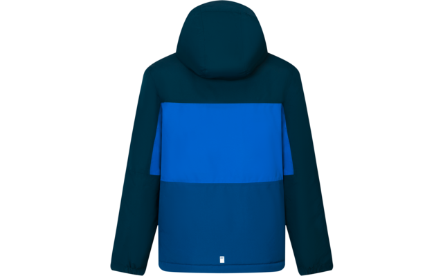 Vue de dos d'une veste à capuche en vert sarcelle foncé et bleu clair, avec une bande horizontale bleu clair au milieu du dos et une petite étiquette carrée en bas au centre