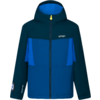 Veste à capuche bleu foncé et bleu clair, vue de face, fermeture éclair centrale avec tirette jaune, deux panneaux poitrine bleu clair, poches latérales zippées, petit logo sur la poitrine gauche et la manche gauche