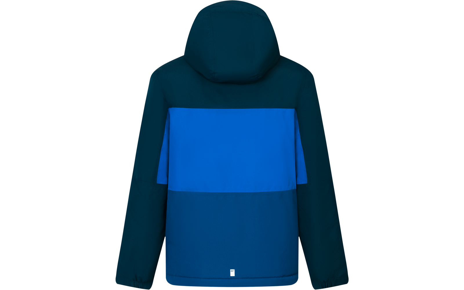 Vue de dos d'une veste à capuche en vert sarcelle foncé et bleu clair, avec une bande horizontale bleu clair au milieu du dos et une petite étiquette carrée en bas au centre