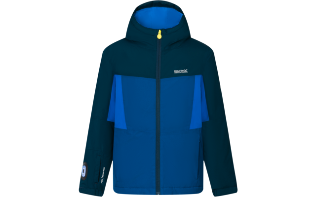Veste à capuche bleu foncé et bleu clair, vue de face, fermeture éclair centrale avec tirette jaune, deux panneaux poitrine bleu clair, poches latérales zippées, petit logo sur la poitrine gauche et la manche gauche