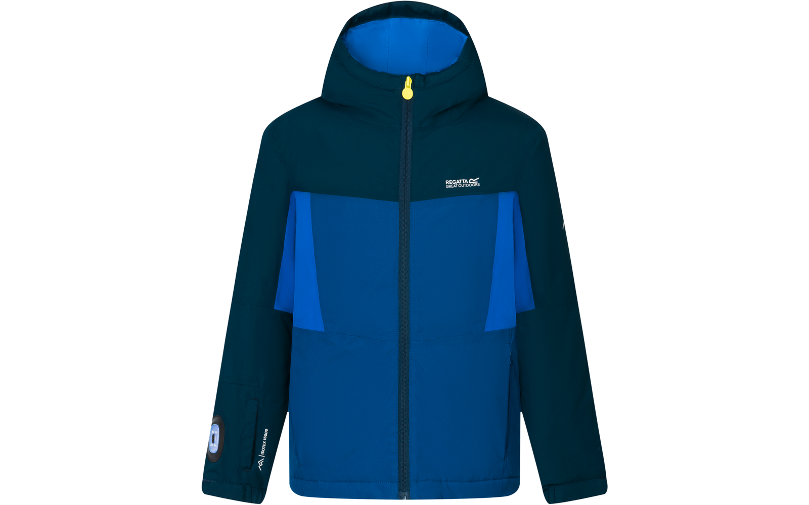 Veste à capuche bleu foncé et bleu clair, vue de face, fermeture éclair centrale avec tirette jaune, deux panneaux poitrine bleu clair, poches latérales zippées, petit logo sur la poitrine gauche et la manche gauche