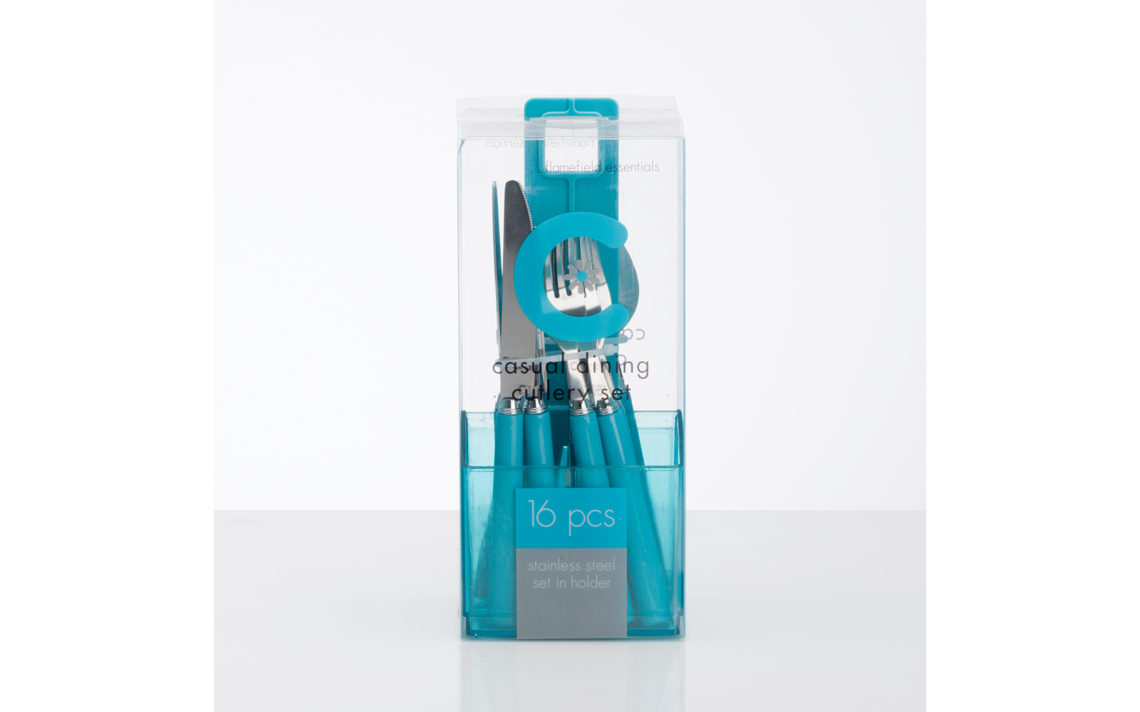 Transparent verpacktes Besteckset mit türkisen Griffen (Gabel, Messer, Löffel) in rechteckigem Plastikhalter, Aufschrift '16 pcs'