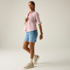 Seitlich stehende Person in rosa Bluse, Jeansshorts, Sneakers und mit Uhr vor hellem Hintergrund