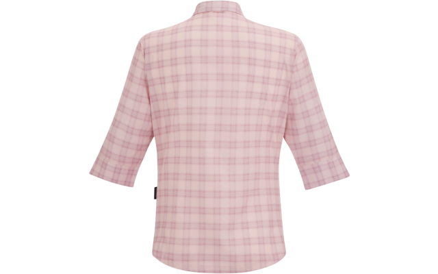 Rosa kariertes Oberteil, Rückansicht, Dreiviertelärmel, kleiner Kragen, abgerundeter Saum, schwarzes Etikett an der Seitennaht