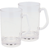 Zwei durchsichtige Glasbecher mit Griffen, nebeneinander