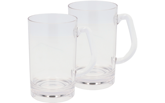 Zwei durchsichtige Glasbecher mit Griffen, nebeneinander