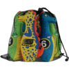 Bunter Rucksack mit gemusterten Stoffen und einer schwarzen Zahl 6