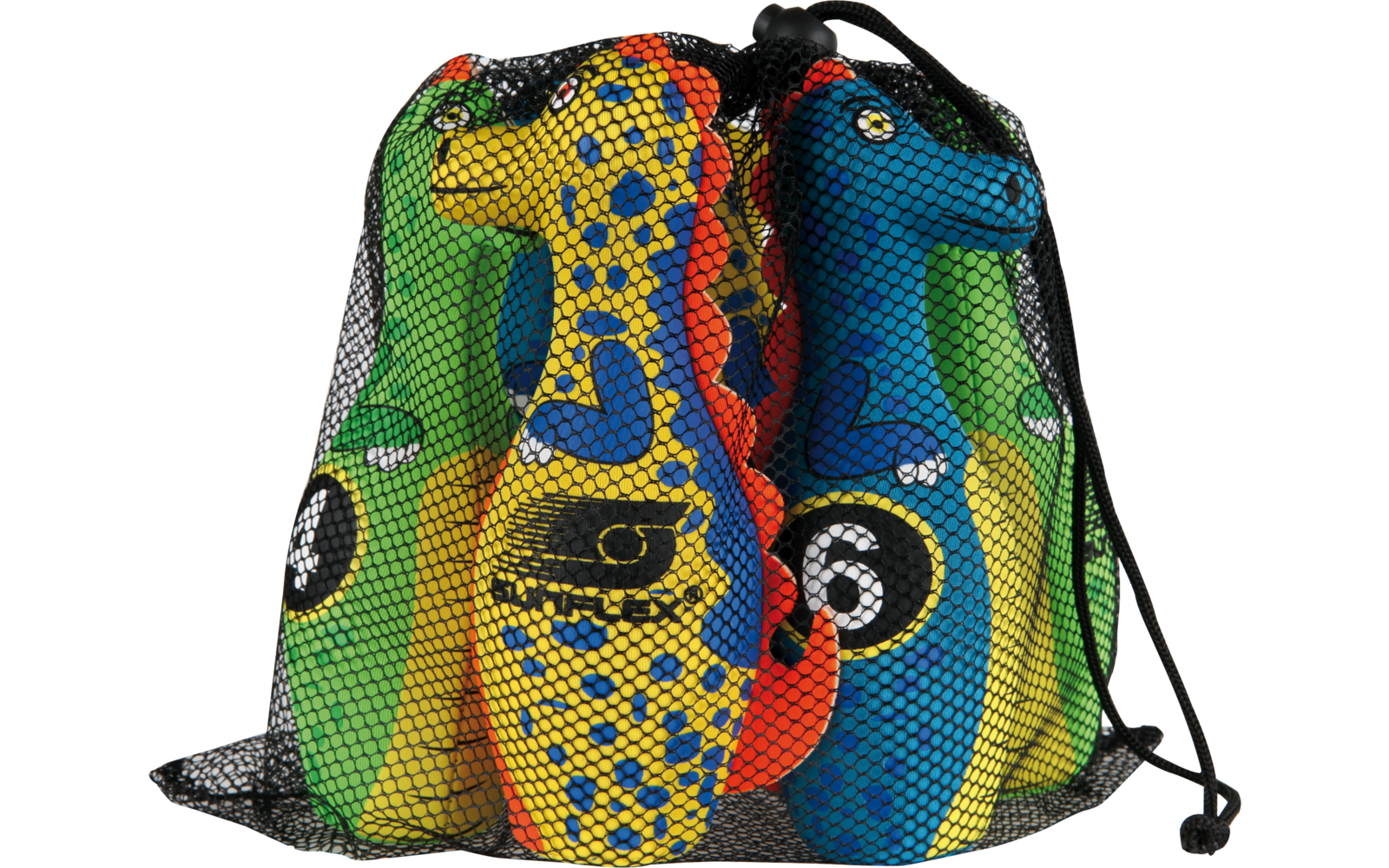 Bunter Rucksack mit gemusterten Stoffen und einer schwarzen Zahl 6