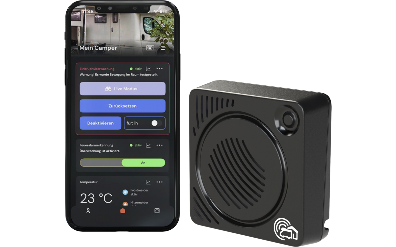 Smartphone links mit geöffneter App 'Mein Camper' (Schaltflächen, Statusanzeigen, '23 °C'); rechts ein schwarzes quadratisches Gerät mit rundem Lautsprechergitter, kleinem runden Sensor und weißem Logo