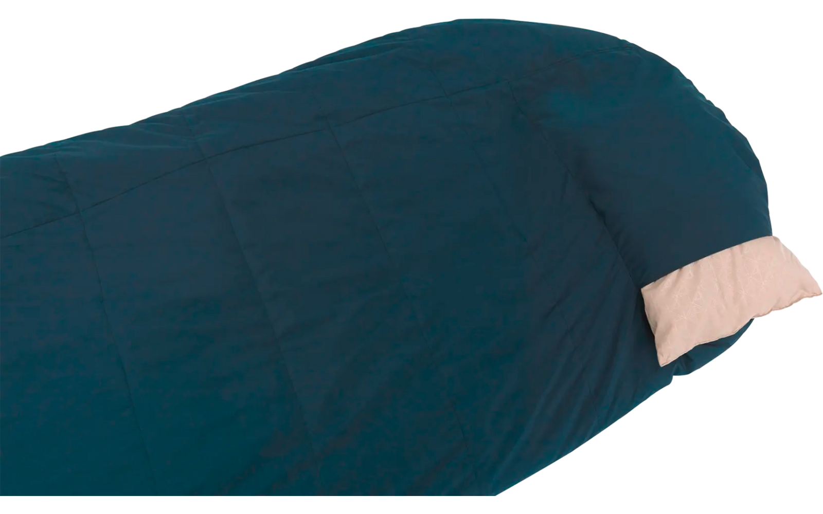 Blauwe slaapzak met een licht kussen aan de bovenkant