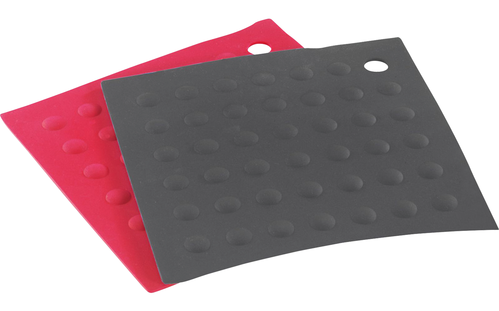 Zwei quadratische, leicht gebogene Matten mit erhabenen runden Noppen; eine dunkelgrau oben, eine rosa darunter; jeweils ein rundes Loch in einer Ecke