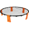 Rundes Trampolin mit schwarzem Netz und orangenem Gestell