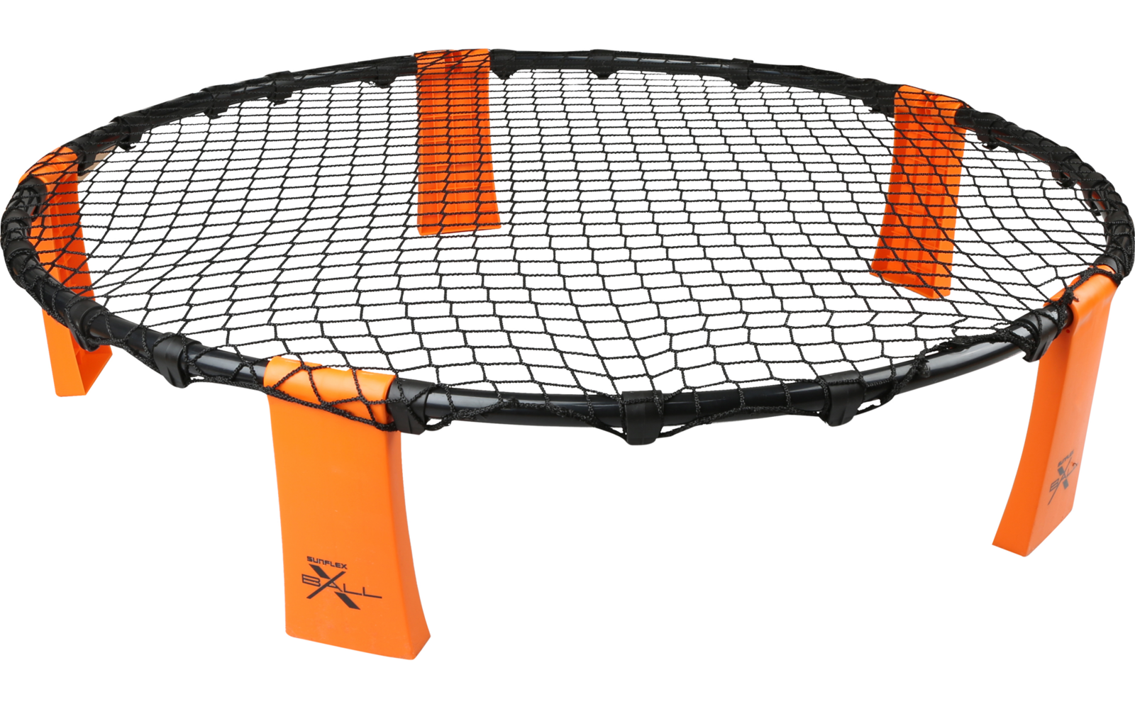 Rundes Trampolin mit schwarzem Netz und orangenem Gestell