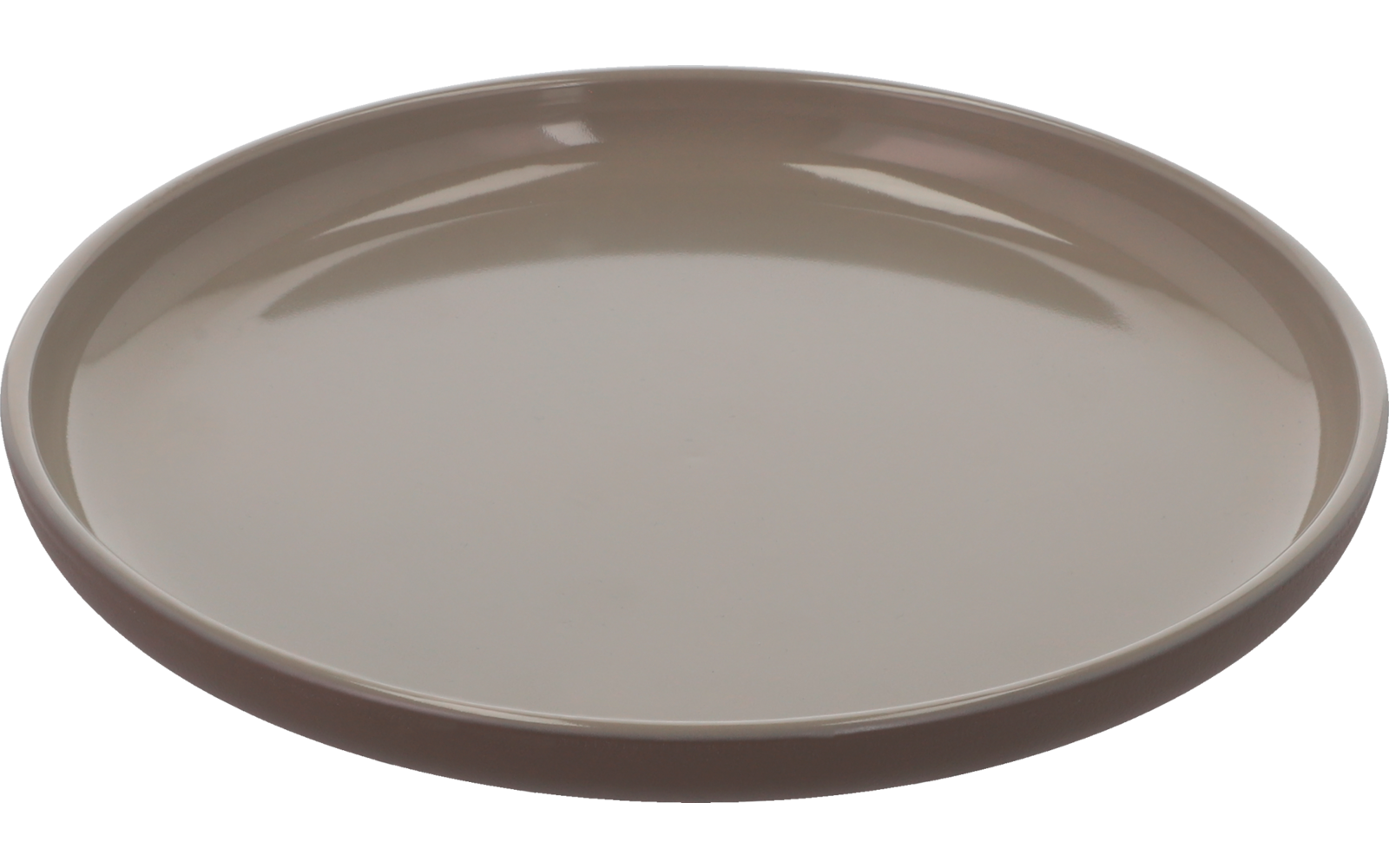 Ein leerer runder Teller mit grauem Rand