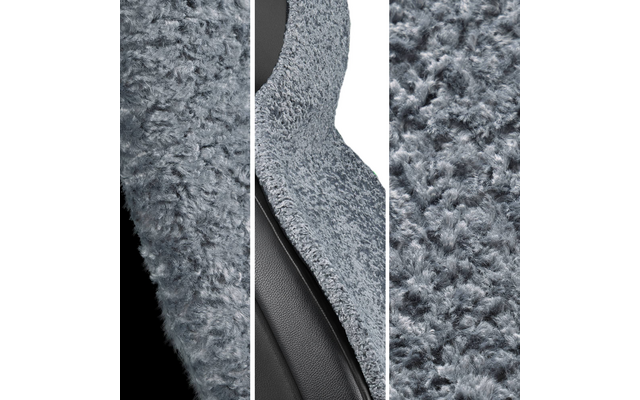 Drei vertikale Bildstreifen: links und rechts Nahaufnahmen eines grauen, flauschigen Textils; Mitte Nahaufnahme desselben grauen, flauschigen Textils über einem schwarzen, glatten Material