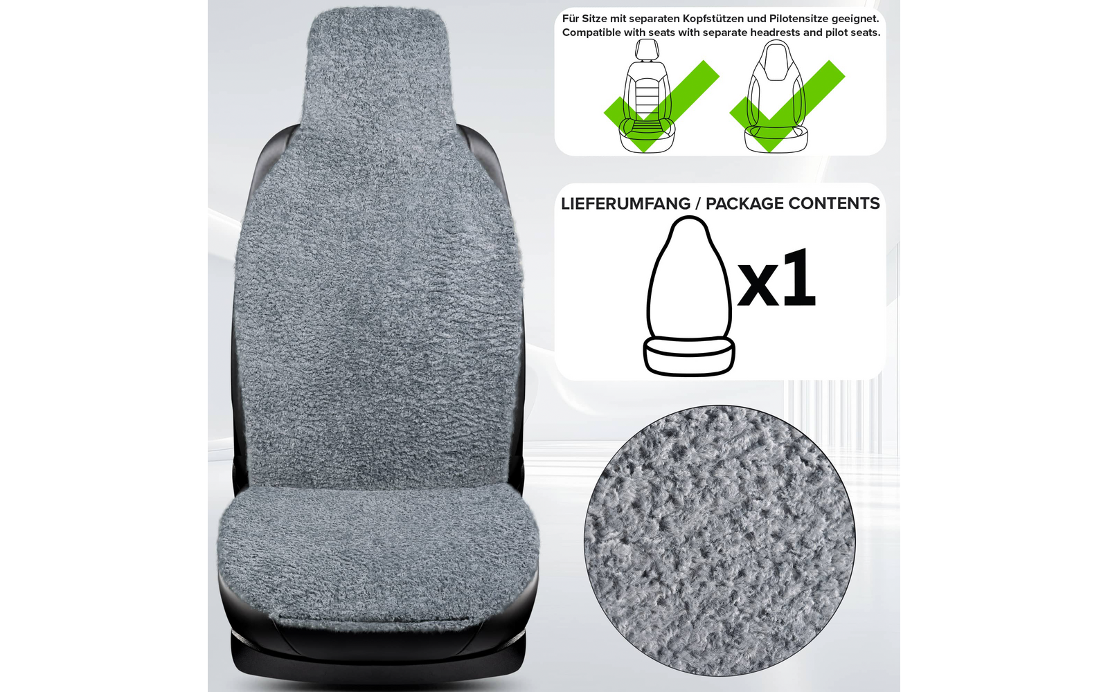 Autositz mit grauem, flauschigem Sitz- und Rückenbezug, runder Detailausschnitt der Struktur, Einblendung 'LIEFERUMFANG / PACKAGE CONTENTS x1' und zwei Sitzgrafiken mit grünen Häkchen