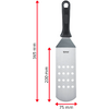 Espátula metálica con mango de plástico negro, hoja con doce agujeros redondos, longitud total 365 mm, longitud de la hoja 200 mm, ancho de la hoja 75 mm