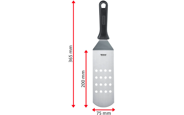 Espátula metálica con mango de plástico negro, hoja con doce agujeros redondos, longitud total 365 mm, longitud de la hoja 200 mm, ancho de la hoja 75 mm