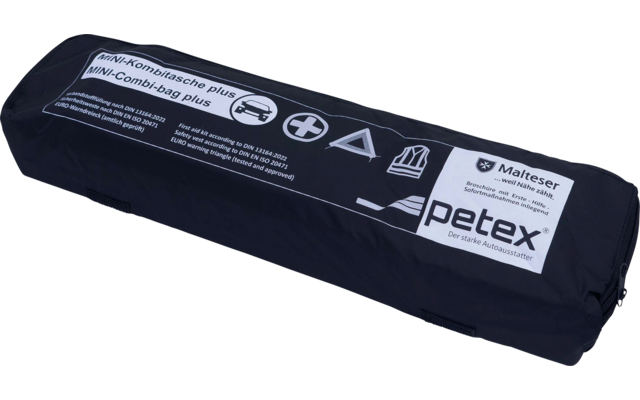 Schwarze zusammengerollte Plane mit weißen Aufdrucken und Logo