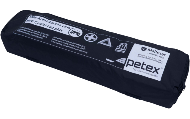 Schwarze zusammengerollte Plane mit weißen Aufdrucken und Logo