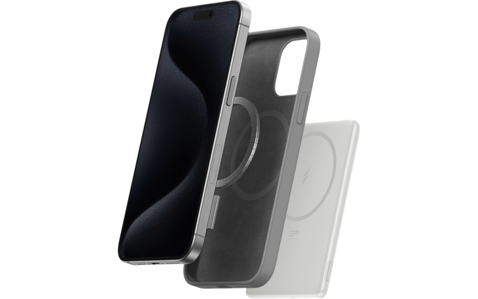 Smartphone noir avec coque de protection noire sur fond blanc
