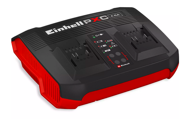 Schwarz-rotes Gerät mit Schriftzug "Einhell PXC", zwei Akku-Steckplätzen und mittigem Bedienfeld mit LED-Anzeigen