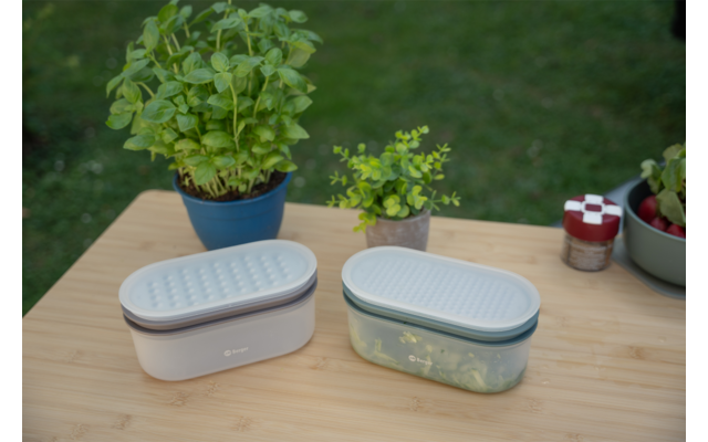 Twee rechthoekige kunststofbakjes met witte, gestructureerde deksels op een houten tafel; daarachter twee kleine potplanten met groene bladeren; rechts twee kleine rode kruidenpotjes en een kom met sla, groen gras op de achtergrond