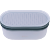 White rounded plastic container with a gray lid that shows many small dots