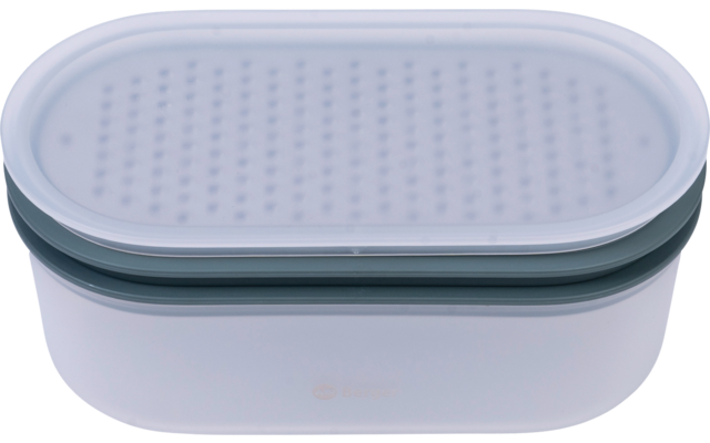 White rounded plastic container with a gray lid that shows many small dots