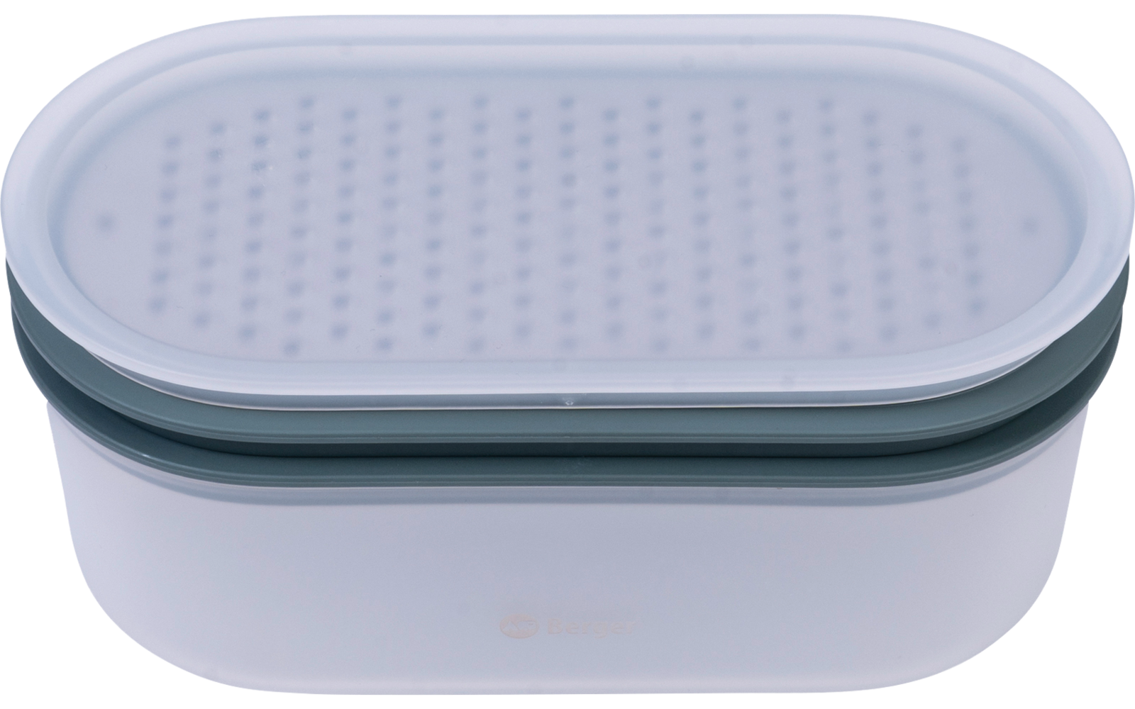 White rounded plastic container with a gray lid that shows many small dots