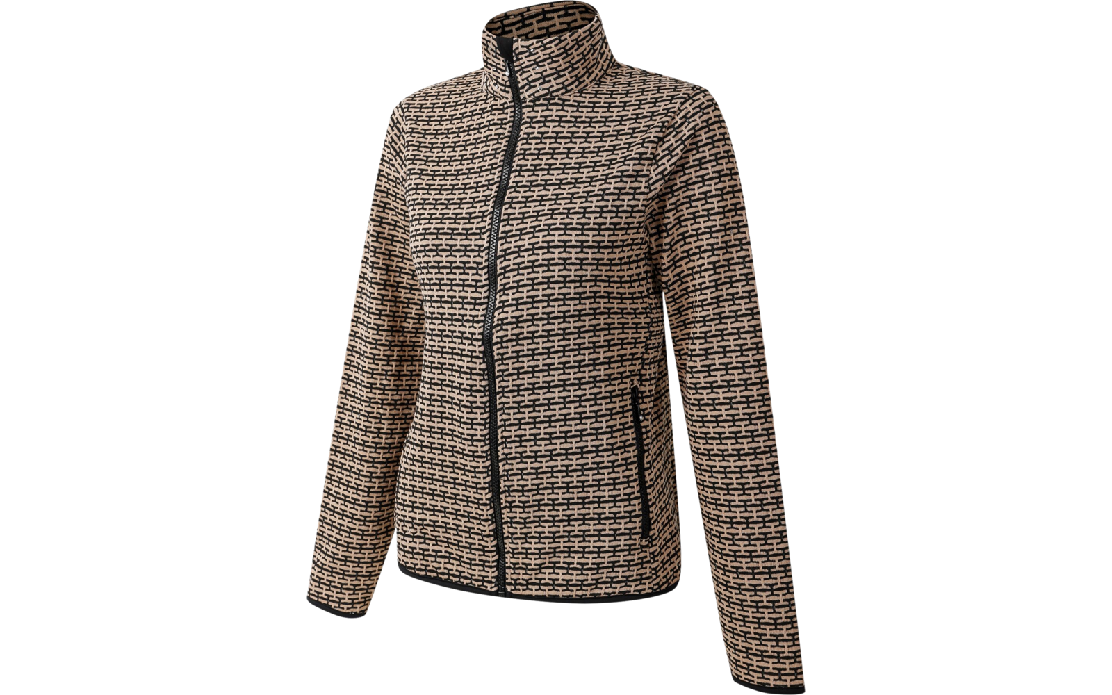 Braune und beige karierte Jacke mit Reißverschluss und Stehkragen