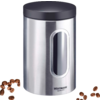 Récipient cylindrique en acier inoxydable avec couvercle noir, hublot ovale, inscription "Westmark Quality" et grains de café à côté