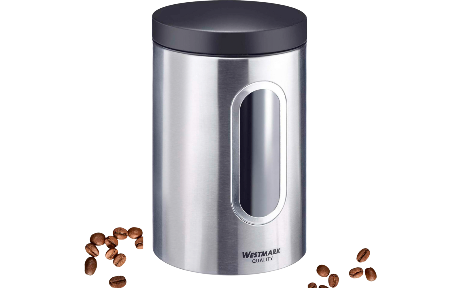Récipient cylindrique en acier inoxydable avec couvercle noir, hublot ovale, inscription "Westmark Quality" et grains de café à côté
