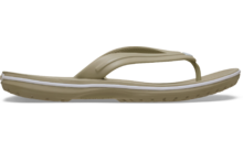 Beige teenslipper met bandje, zijaanzicht, witte streep op de zool