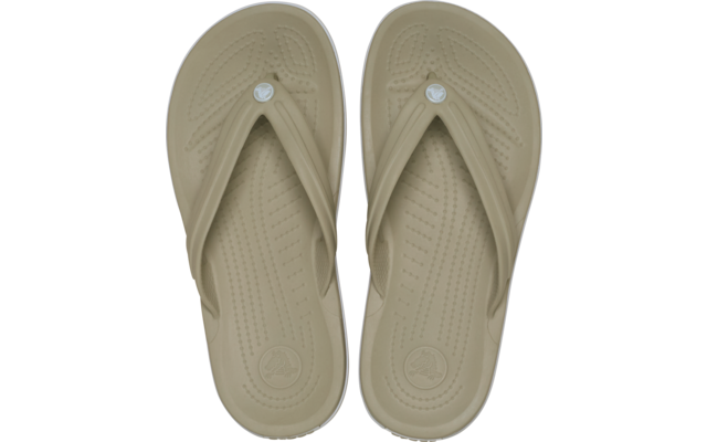Paar beige Flip-Flops, Draufsicht, nebeneinander, mit Zehensteg