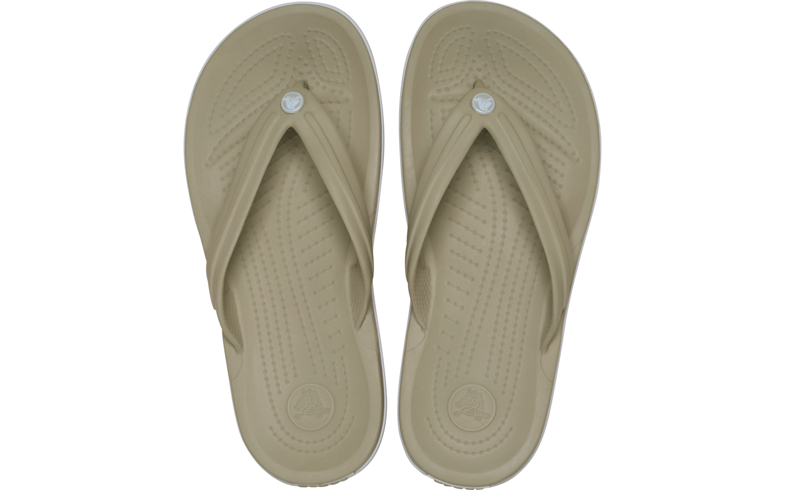 Paar beige Flip-Flops, Draufsicht, nebeneinander, mit Zehensteg