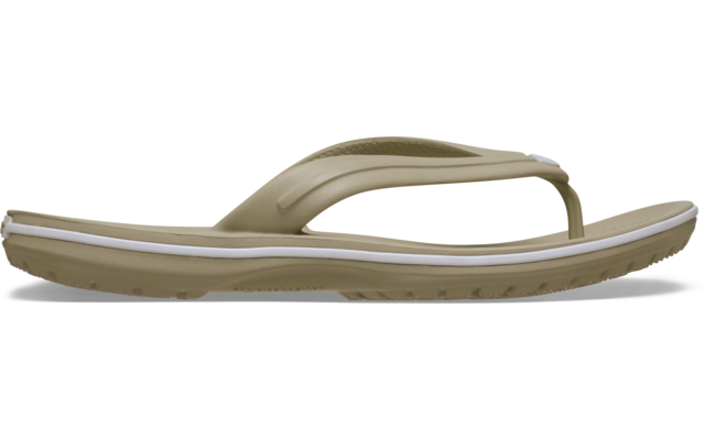 Beige Flip-Flop mit Zehensteg, Seitenansicht, weißer Streifen auf der Sohle
