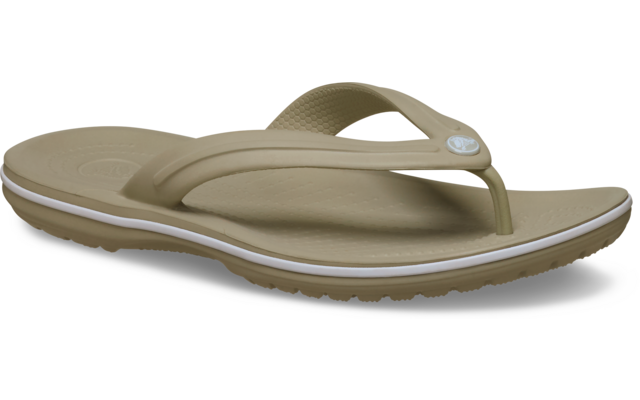 Ein einzelner beiger Flip‑Flop (Zehensteg‑Sandale), Seitenansicht auf weißem Hintergrund