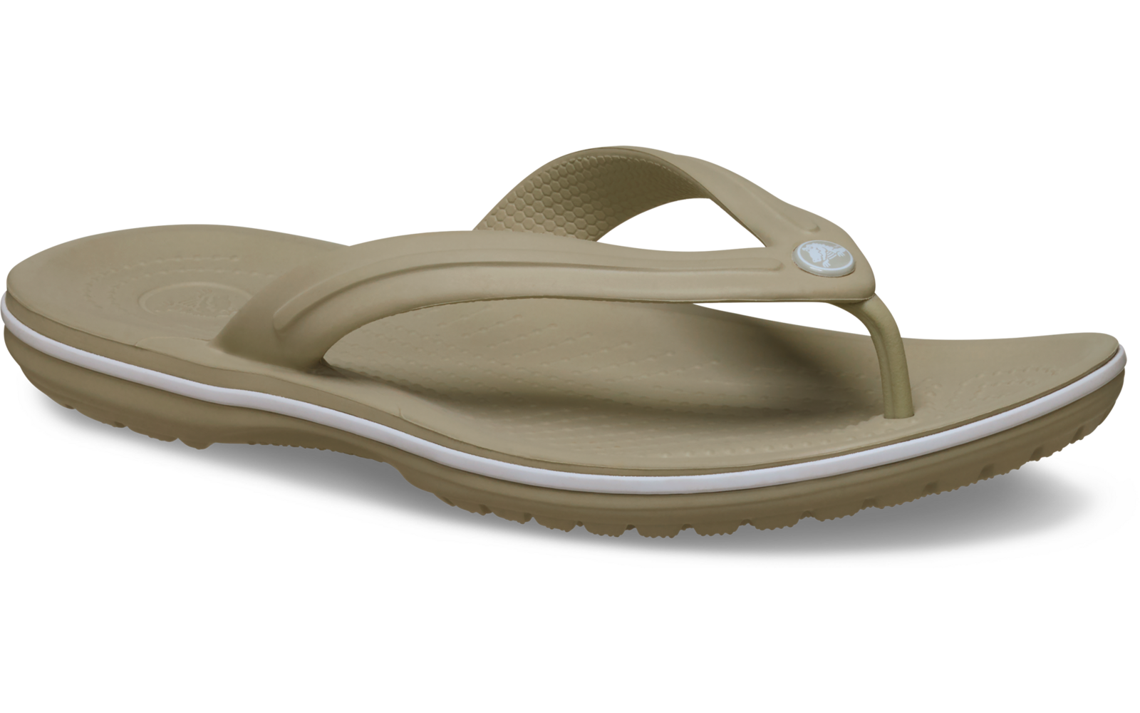 Ein einzelner beiger Flip‑Flop (Zehensteg‑Sandale), Seitenansicht auf weißem Hintergrund