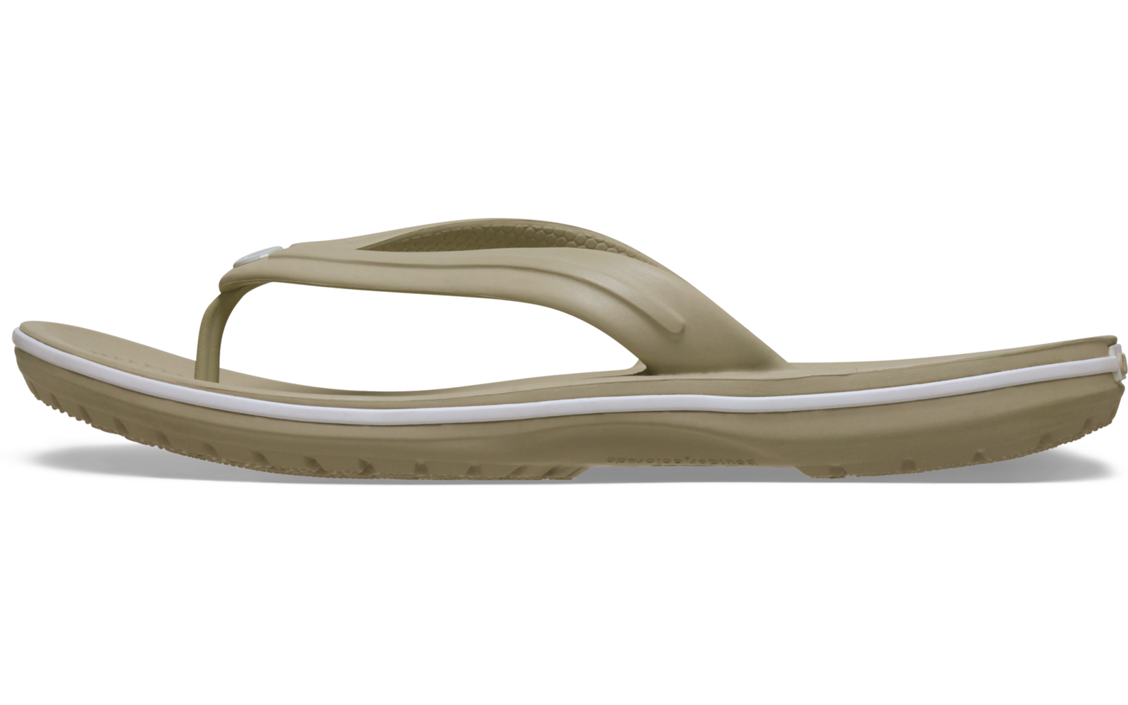 Beiger Flip-Flop mit Zehensteg und weißem Streifen am Rand auf weißem Hintergrund