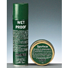 Green aerosol can with large text 'WET PROOF' on the left and a round green tin labeled 'Sportwax' on the right on a neutral background