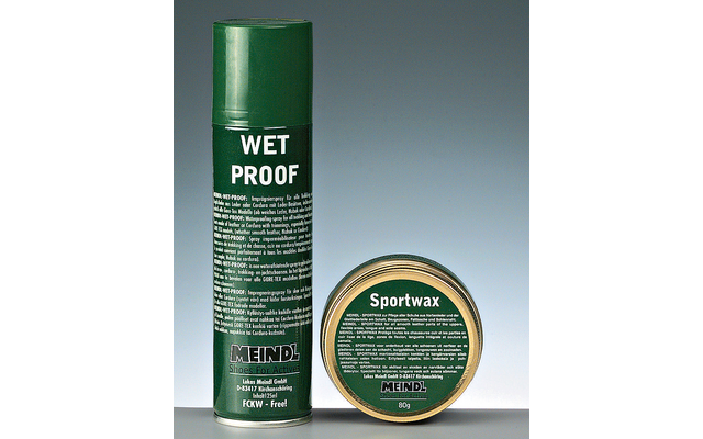 Green aerosol can with large text 'WET PROOF' on the left and a round green tin labeled 'Sportwax' on the right on a neutral background