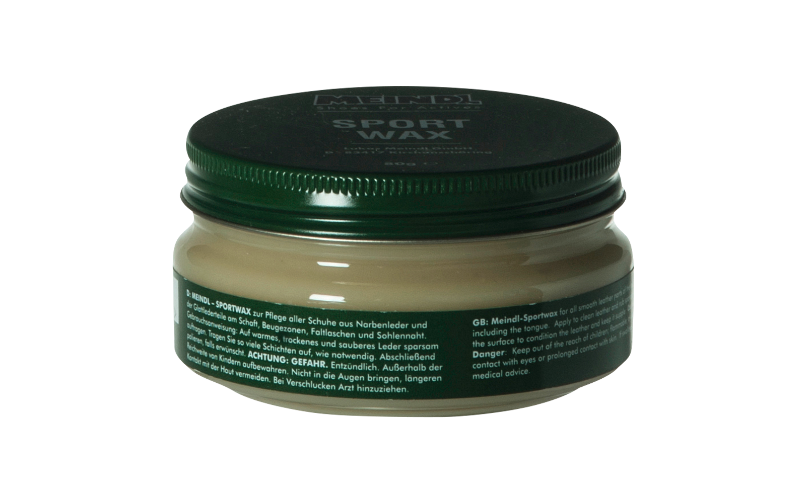 Envase redondo de plástico con tapa de rosca verde con la inscripción "SPORT WAX", cera beige visible en el interior, etiqueta lateral con texto pequeño
