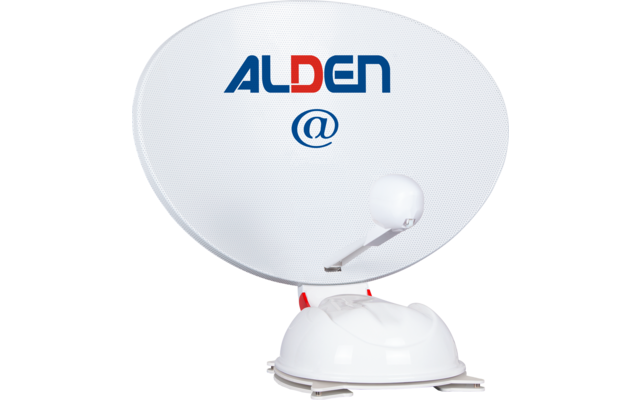 Weiße Satellitenschüssel mit blau-rotem ALDEN-Logo, blauem @-Symbol, sichtbarem Feedarm und Montagefuß