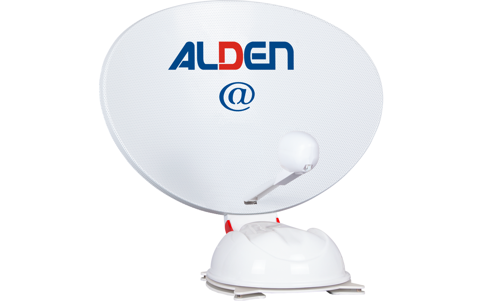 Weiße Satellitenschüssel mit blau-rotem ALDEN-Logo, blauem @-Symbol, sichtbarem Feedarm und Montagefuß