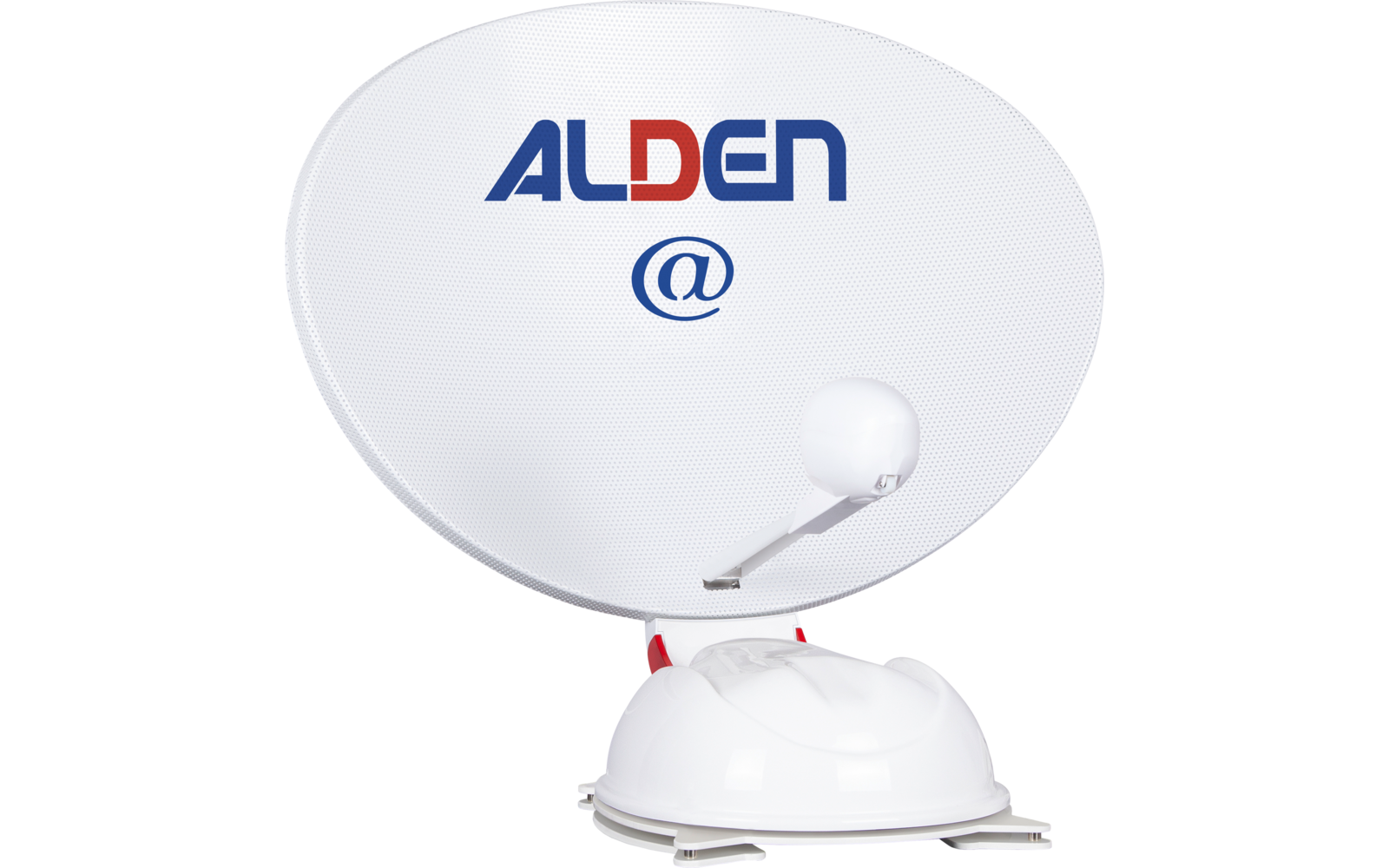 Weiße Satellitenschüssel mit blau-rotem ALDEN-Logo, blauem @-Symbol, sichtbarem Feedarm und Montagefuß
