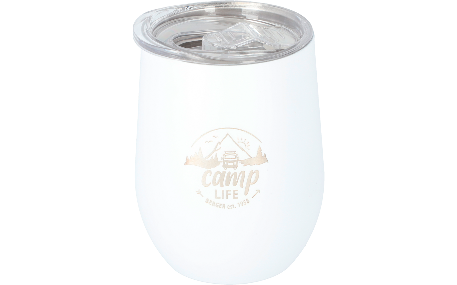Witte thermosbeker met doorzichtige deksel en opdruk ‚camp LIFE‘